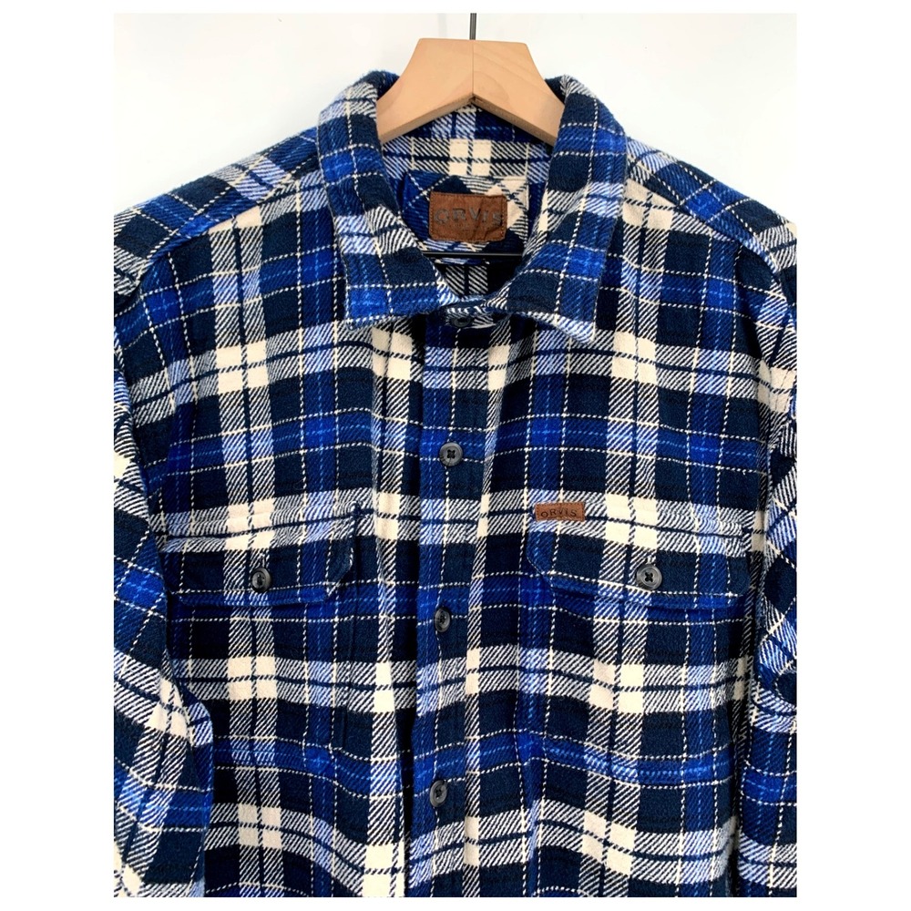 Orvis Flannel Jacket XL Blue Plaid Shacket Shirt Thick Side Pockets Fall Cozy